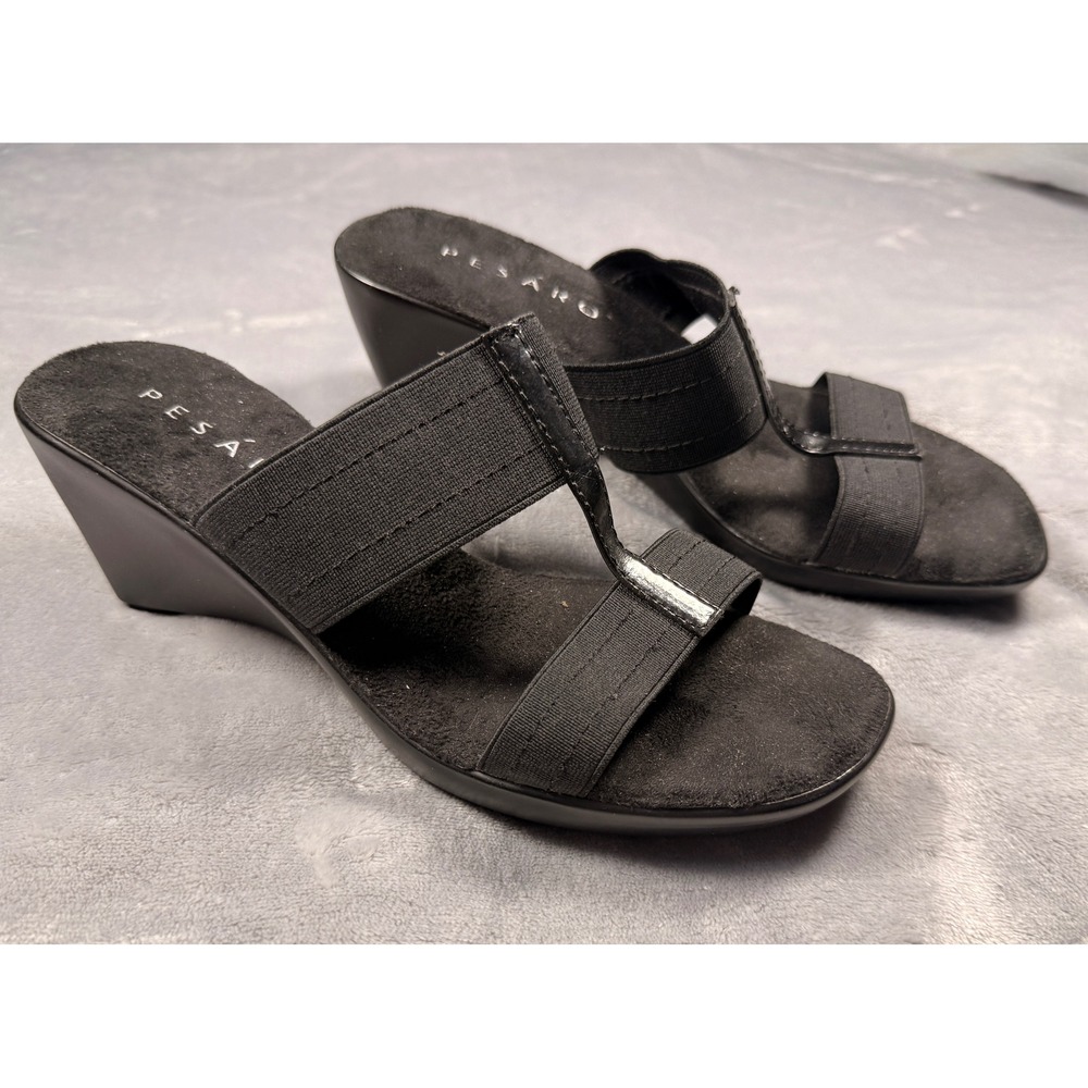Pesaro Haley Black Wedge‎ Sandals Womens 7 Elastic T-Strap Slide